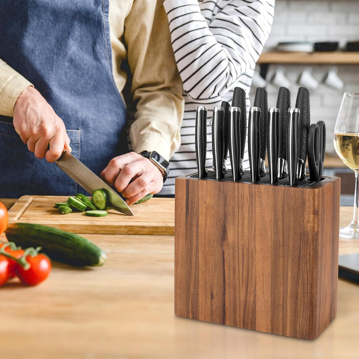 Acacia Wood Knife Storage Block - Universal Large Knife Block for Countertop, Wooden Knife Holder Organizer with Scissors & Sharpening Rod Slots - Kitchen Knife Block Storage for 15 Knives