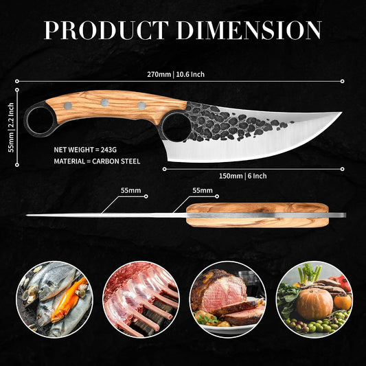 Viking Knife, Hand Forged Carbon Steel Full Tang Blade, Ultra Sharp Ergonomic Olive Wood Handle with Premium Leather Sheath, Multipurpose for Kitchen Prep, Camping and BBQ