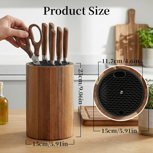 Round Acacia Wood Knife Block Without Knives | Universal acacia wood knife holder accommodates knives, scissors & sharpening rod, space-saving countertop kitchen storage
