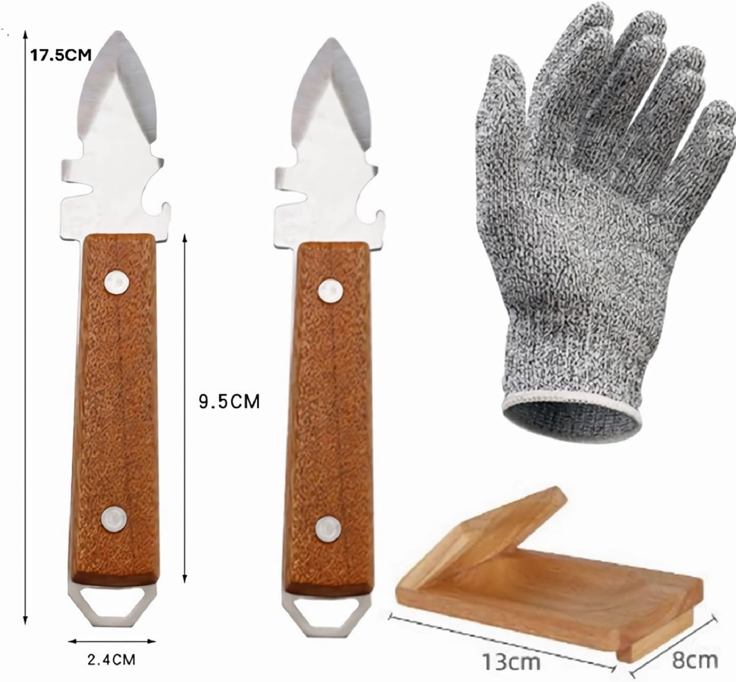Oyster Shucking Knife with Bottle Opener and Gloves Set of 2 Pack Stainless Steel Wooden Handle with Oyster Clamp