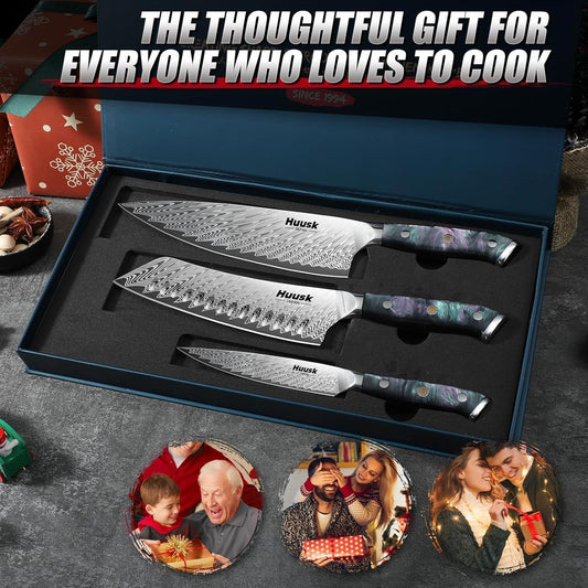 Huusk Japanese Knife Set 3 PCS - Stainless Chef Knife Set with Sheath | Hand Sharpened Full Tang Professional Kitchen Knives for All Purpose, Ergonomic Resin Handle, Gift Idea for Men Dad