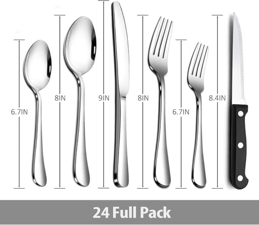 24 Piece Silverware Set, Flatware Utensils Set Mirror Polished, Dishwasher Safe Service for 4, Include Knife/Fork/Spoon/Steak Knife/Wire Mesh Steel Cutlery Holder Storage Trays (Black Tray)