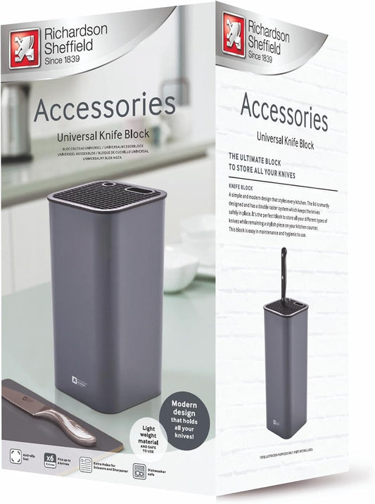 Knife Block Grey, Universal Block for Knives, with Flexible Grid, Space for Scissors and Sharpener, Non-Slip