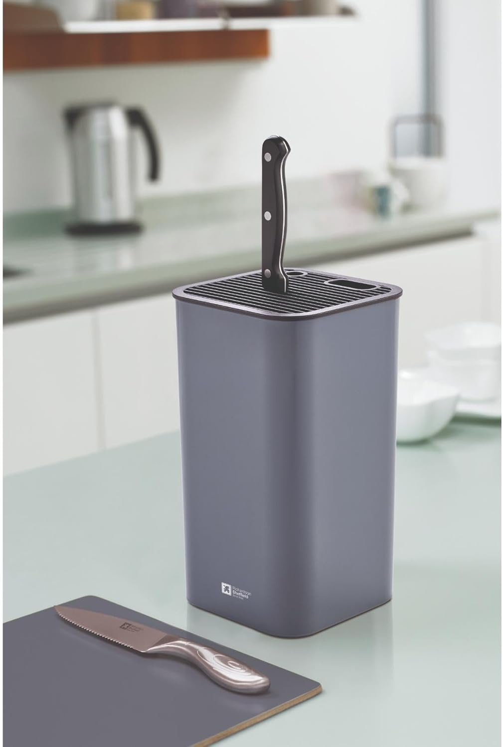 Knife Block Grey, Universal Block for Knives, with Flexible Grid, Space for Scissors and Sharpener, Non-Slip