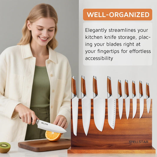 Extra Large Acacia Magnetic Knife Block 16x10 Inches, Dual-Sided Wood Stand | Strong Magnet Knife Holder, Luxurious Kitchen Counter Rack Organizer for Stable and Stylish Cutlery Display for Home