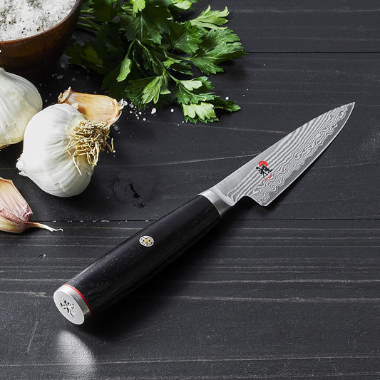 Kaizen II Japanese 3.5-inch Paring Knife, Essential Kitchen Knife, Black Pakkawood Handle, 48-Layer Flower Damascus Pattern, Handrafted in Seki, Japan
