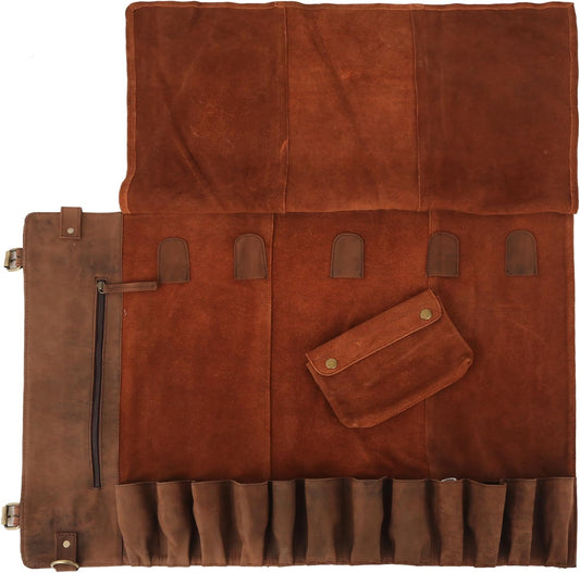 Genuine Buffalo Leather Knife Roll Organizer, Chef Knife Storage Bag with Carry Handle & Adjustable Buckles, Light Brown