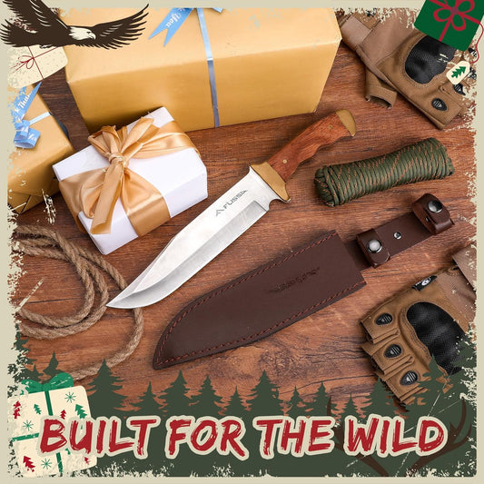 14-inch Bowie Full-tang Fixed Blade Knife with Wood Handle, Hunting Knife with Leather Sheath for Outdoor Survival, Camping, Hiking