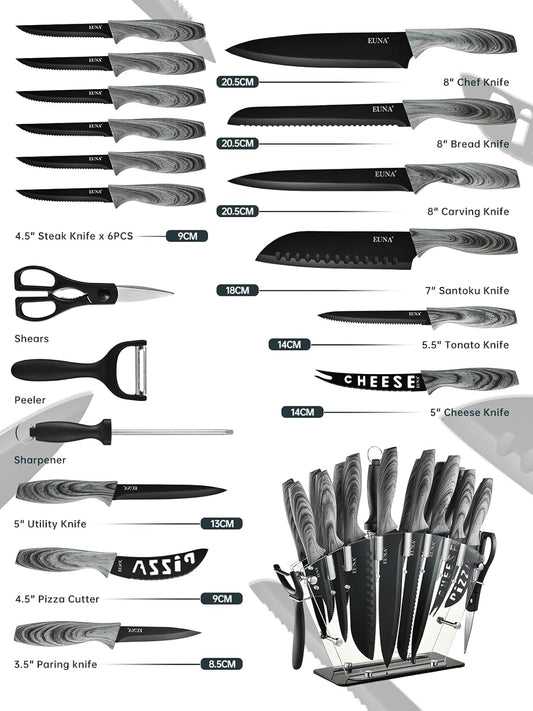 Knife Block Set, 19 PCS Kitchen Knife Set with Acrylic Block and Sharpener, German High-Carbon Stainless Steel Knife Sets with 6 Serrated Steak Knives, Bread Knife, Chef Knife, Dishwasher Safe