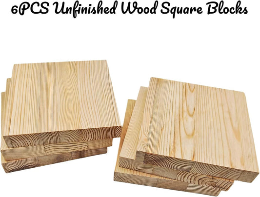 6PCS Unfinished Wood Square Blocks for Crafts, 6x6x1in Blank Wooden Squares Pine Wood Boards for Carving,DIY Wood Coasters,Painting & Burning