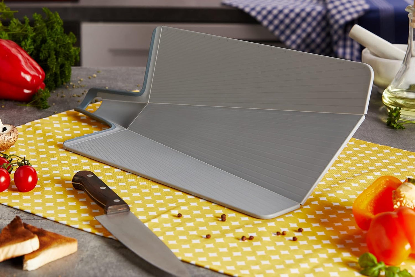 Chop2Pot Plus Foldable Plastic Cutting Boards, Easy Grip Handle, Non Slip Feet, Blue