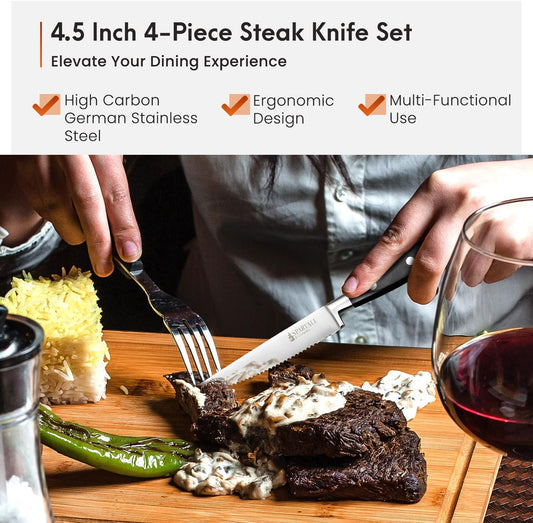 Premium 4.5-Inch Steak Knife Set of 4 – Serrated Stainless Steel Blades with Ergonomic Handles – Razor-Sharp Cutlery for Effortless Meat Slicing – Dishwasher Safe, Rust-Resistant.