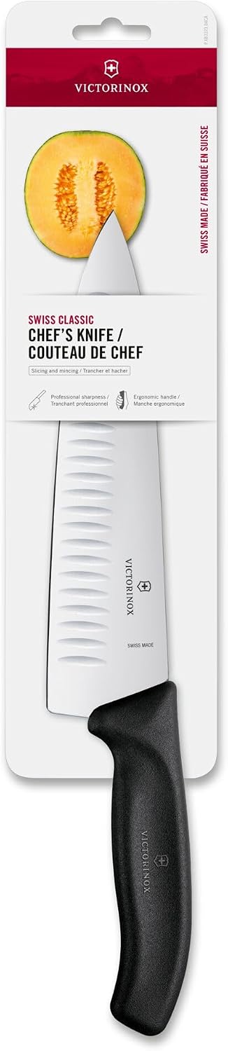 Swiss Classic 8 Inch Chef's Knife with Granton Blade, Stainless Steel, Black