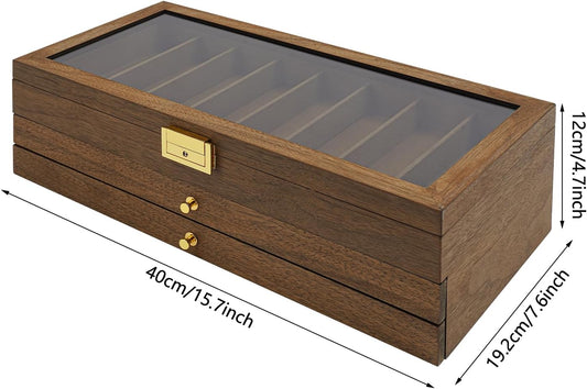 3-Layer Pocket Knife Display Case, 22 Slot Lockable Knife Storage Box | Clear Glass Lid, Wooden Collector Organizer Storage Box for Folding Knives - Walnut Color