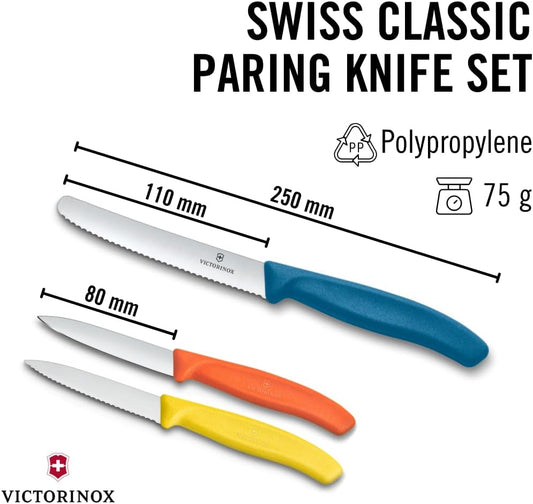 Swiss Classic Paring Knife Set, 3 Pieces, Stainless Steel | Trio of Sharp Straight & Wavy Edge Fruit Peeler Knives, Ergonomic Handles in Yellow, Orange & Blue, Dishwasher Safe