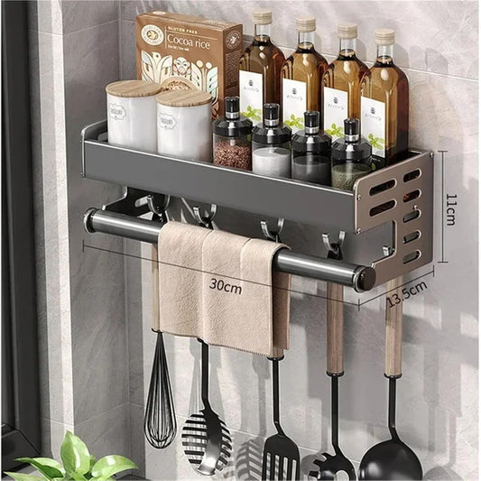 Kitchen Utensil Rack Wall Mounted, Spice Storage Rack, Hanging Storage Rack with Hooks, Cutlery Knife Holder for Knife Spoon Fork Chopsticks Towel (Black)
