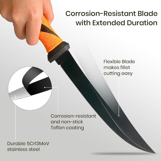 9'' Fillet Knife for Fish, Stainless Steel Teflon Coated Blade with Non-Slip Grip Handle, Filet Knife Tackle with Protective Sheath and Sharpener for Fishing Boning Meat Cutting Kitchen