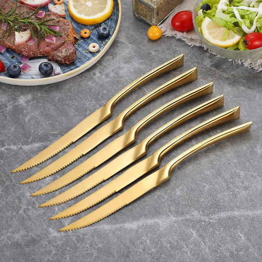 Stainless Steel Steak Knives Set of 6,Forge Steak Knife,Serrated Steak Knives Set,6 Piece Heavy Steak Knives-10 inch,Mirror Polished,Dishwasher Safe (Gold, 6 Pieces Set)