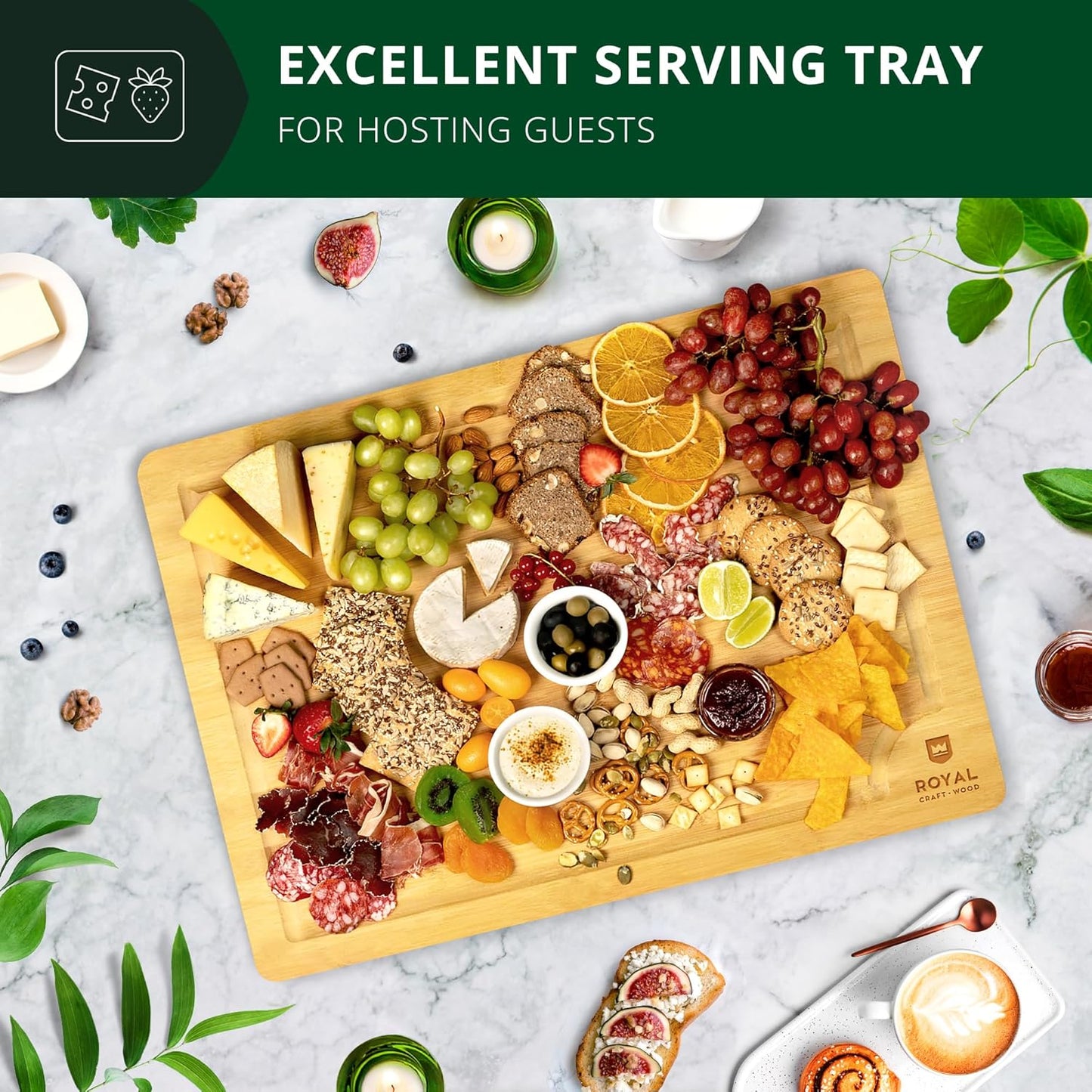 Bamboo Cutting Board with Juice Groove - Kitchen Chopping Board for Meat Cheese and Vegetables, Heavy Duty Serving Tray