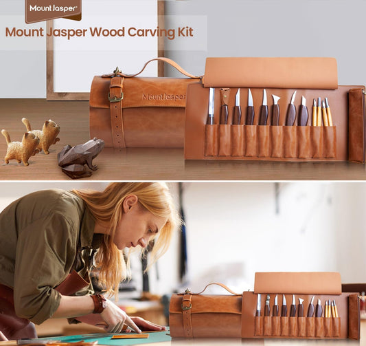Wood Carving Kit 16-Piece | 8 Whittling Knives & 4 Detail Carving Knives, Walnut Handle High Carbon Steel Blades, with PU Leather Bag & Safety Gloves
