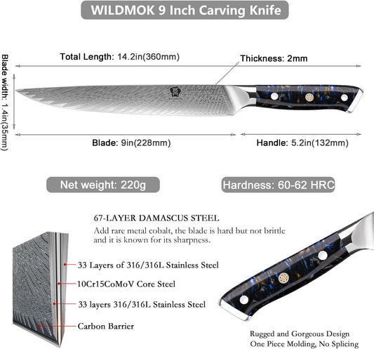 Carving Knives 9 inch, Sushi Knife Ultra Sharp Slicing Knife, for Meat Knives, Japanese Damascus Steel Sashimi Knives with Ergonomic Resin Handle