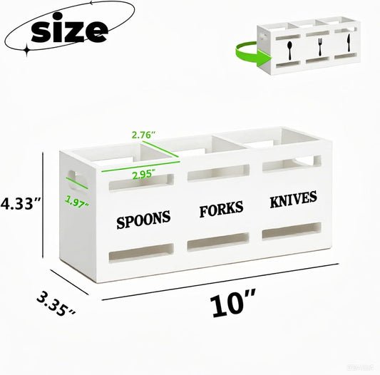 Kitchen Utensil Holder Wooden Cutlery Holder Black Silverware Utensil Caddy Cutlery Organizer 3 Compartment Silverware Containers for Kitchen Counter Spoons Forks Knives Tools Storage