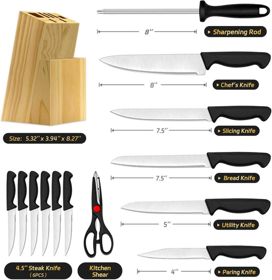 Knife Set, 14-Piece Kitchen Knife Set, German High Carbon Stainless Steel, Durable Knife Block, Black