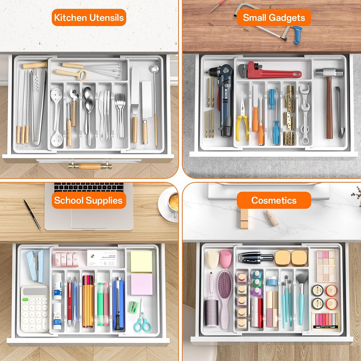 Large Silverware Organizer,Expandable Utensil Drawer Organizer,BPA Free Utensil Holder,Adjustable Silverware Tray Cutlery Drawer Organizer for Kitchen Flatware,Large,Black (6-8 Slots)