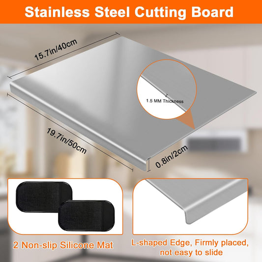 Large Stainless Steel Cutting Board with Lip, Heavy Duty Baking Cutting Chopping Boards for Kitchen, Meat, Fruits, Vegetables, Bread and Baking (19.7" X 15.7"/ 50 X 40cm)