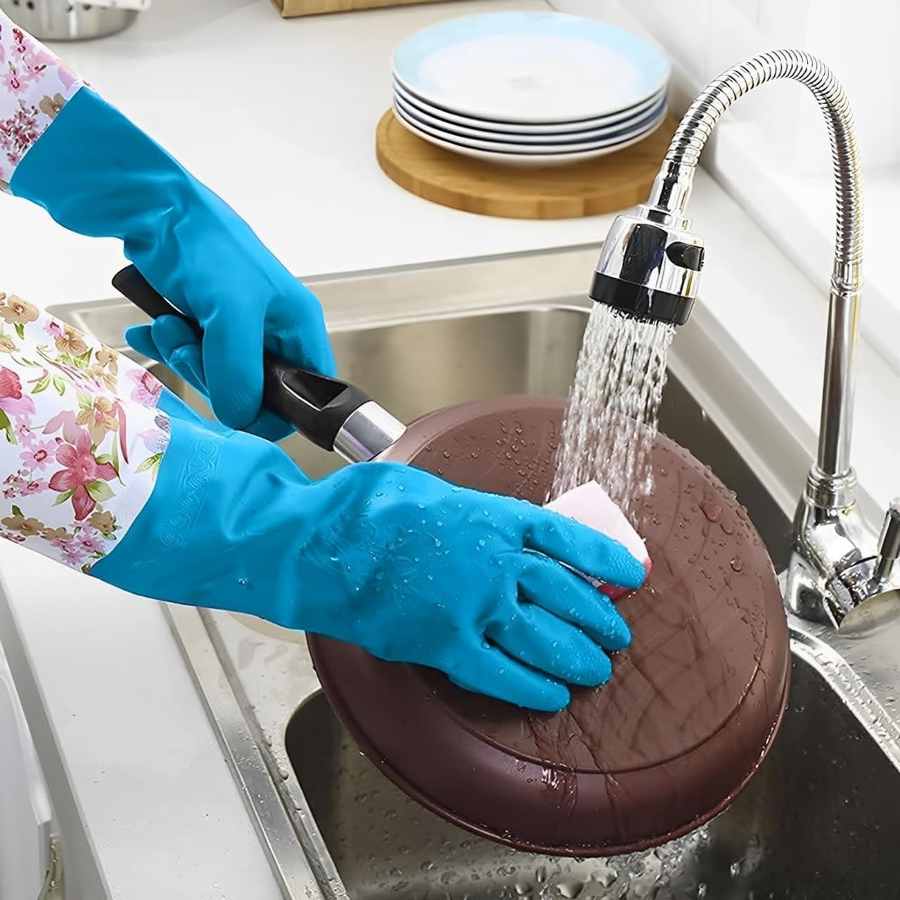 Rubber Latex-Free Waterproof Dishwashing Gloves,2 Pair Medium Long Cuff Flock Lining Household Cleaning Gloves
