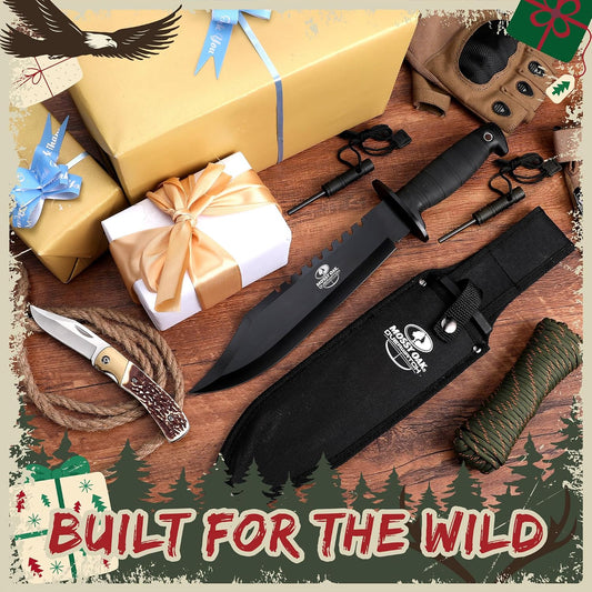 15-inch Survival Bowie Knife & Folding Pocket Knife | Fixed Blade Hunting Knife; Sheath, Sharpener & Fire Starter Inculded; Tactical Knife for Camping, Hunting, Outdoor