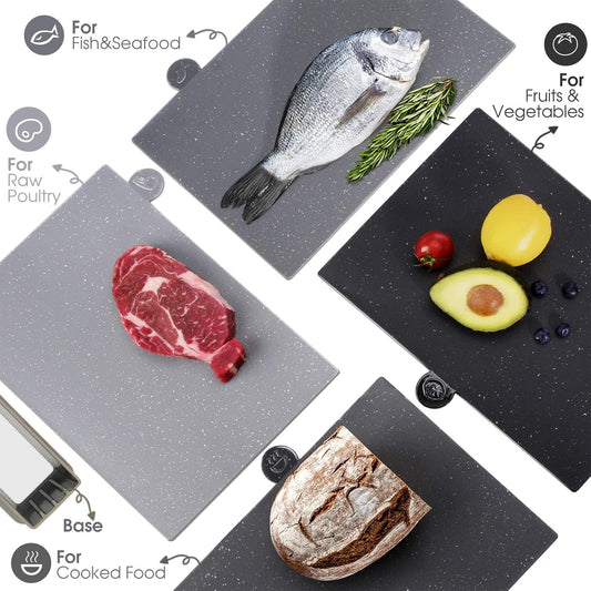 4pc Index Cutting Board Set with Storage Stand | Bpa-Free PP Plastic, Dishwasher Safe, Food Icons for Meat Seafood Fruit Vegetable Prep