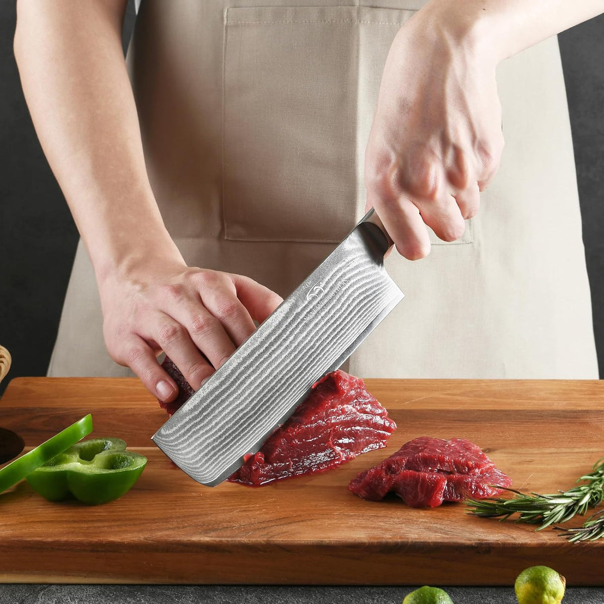 Damascus Nakiri Knife, 7 Inch Professional Kitchen Knife with Non-slip Wood Ergonomic Handle, Japanese 10Cr15CoMoV, All Purpose Chef Knife Meat Cleaver Vegetables Chopping