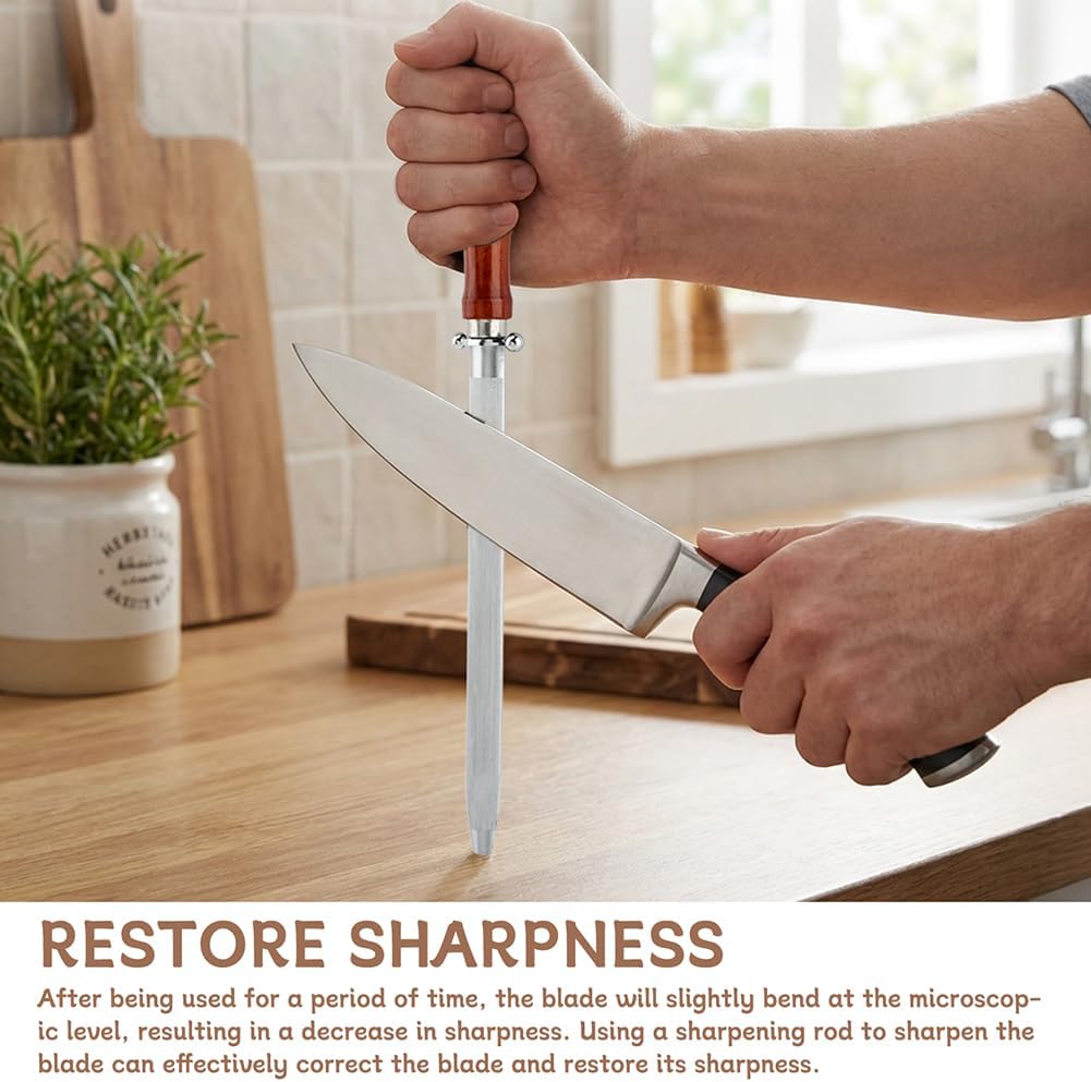 Professional Knife Sharpener Steel Rod Set, 10 inch Honing Rod with Non-slip Wooden Handle and 2 Handheld Garden Tool Sharpener for Kitchen Knife Daily Sharpening Maintenance(COLOR:Multicolor)