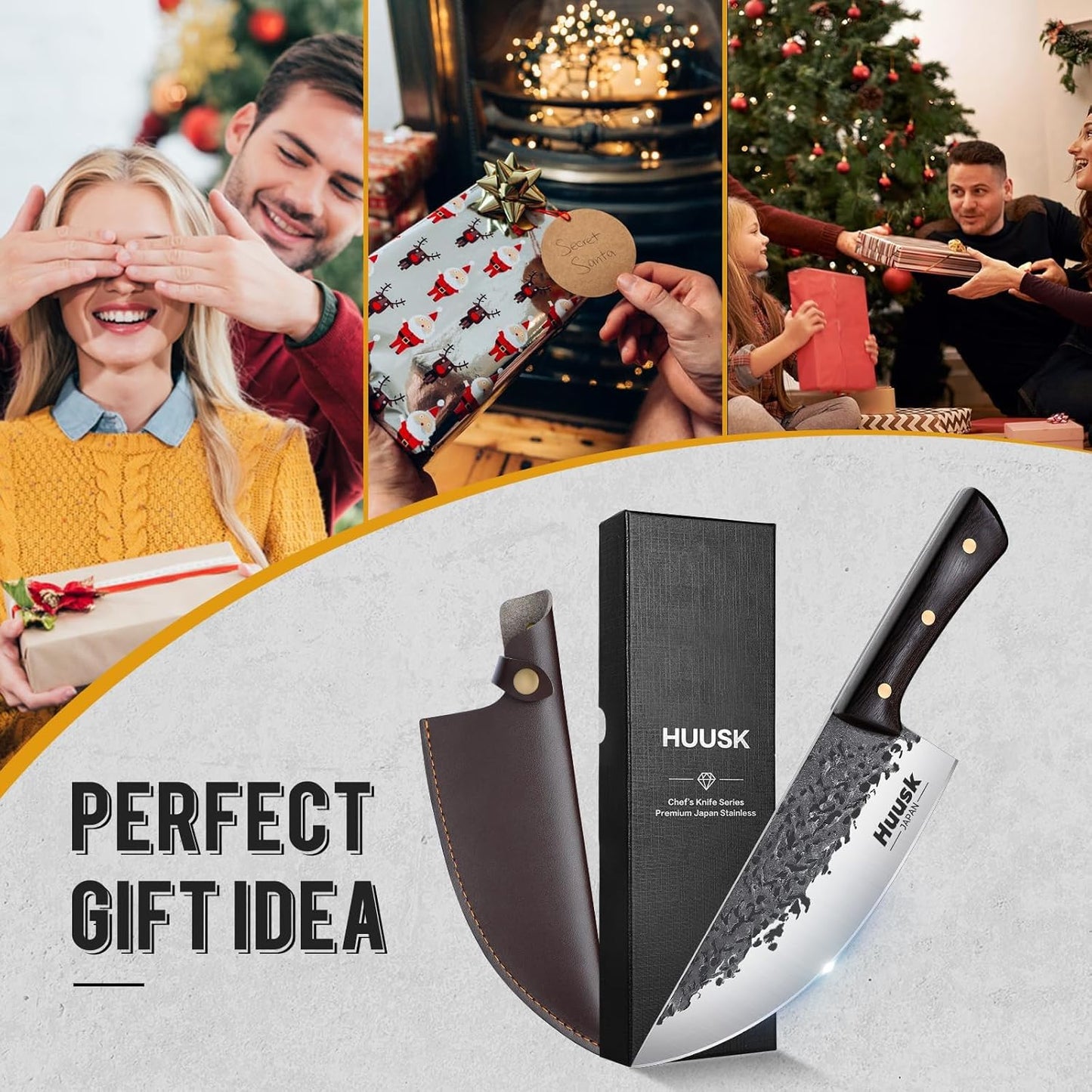 Huusk Meat Cleaver Knife with Sheath - Butcher Knives for Meat Cutting | Japanese Chef Knife with Damascus Pattern for Kitchen, Camping, BBQ, Ergonomic Full Tang Handle, Cool Gifts for Men