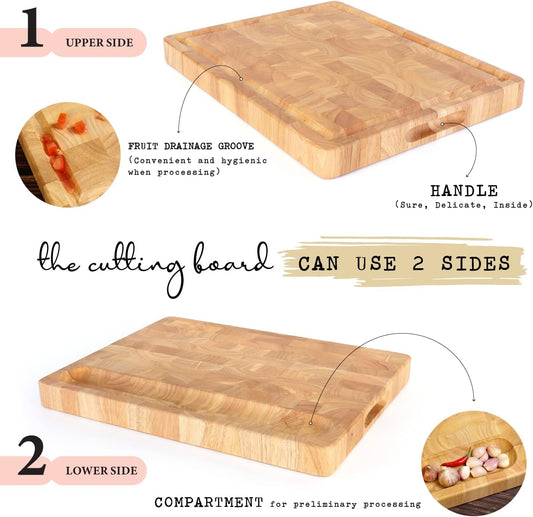 End Grain Cutting Board, Extra Large & Thick, End Grain Built-In Compartment and Juice Canal, Heavy Duty Chopping Board, Thick Carving Board for Bread Fruits Meat (17x13 Inches)