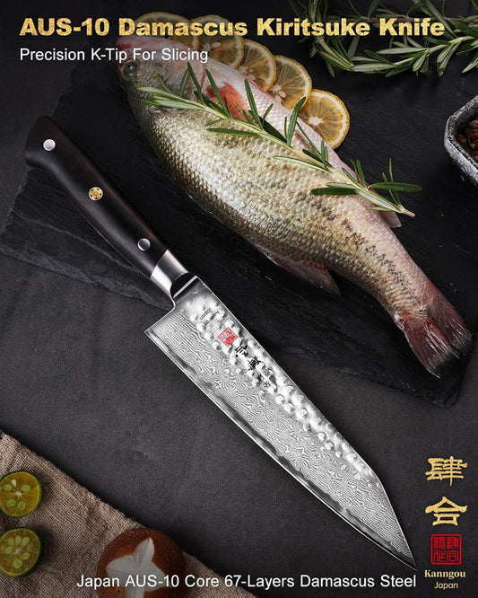 Japanese Chef Knife Kitchen Knife with 67 Layers Damascus Steel AUS-10 Core, Professional Damascus Knife with Full-Tang Ebony Wood Handle and Premium Gift Box (8.27 Inch Kiritsuke Knife)