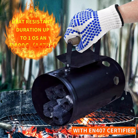 BBQ Gloves, Oven Gloves Extreme Heat & Cut Resistant Oven Mitts with Fingers for BBQ, Cooking, Grilling, Baking Grilling Gloves Silicone Non-Slip Oven Mitts, Kitchen Gloves (Blue)
