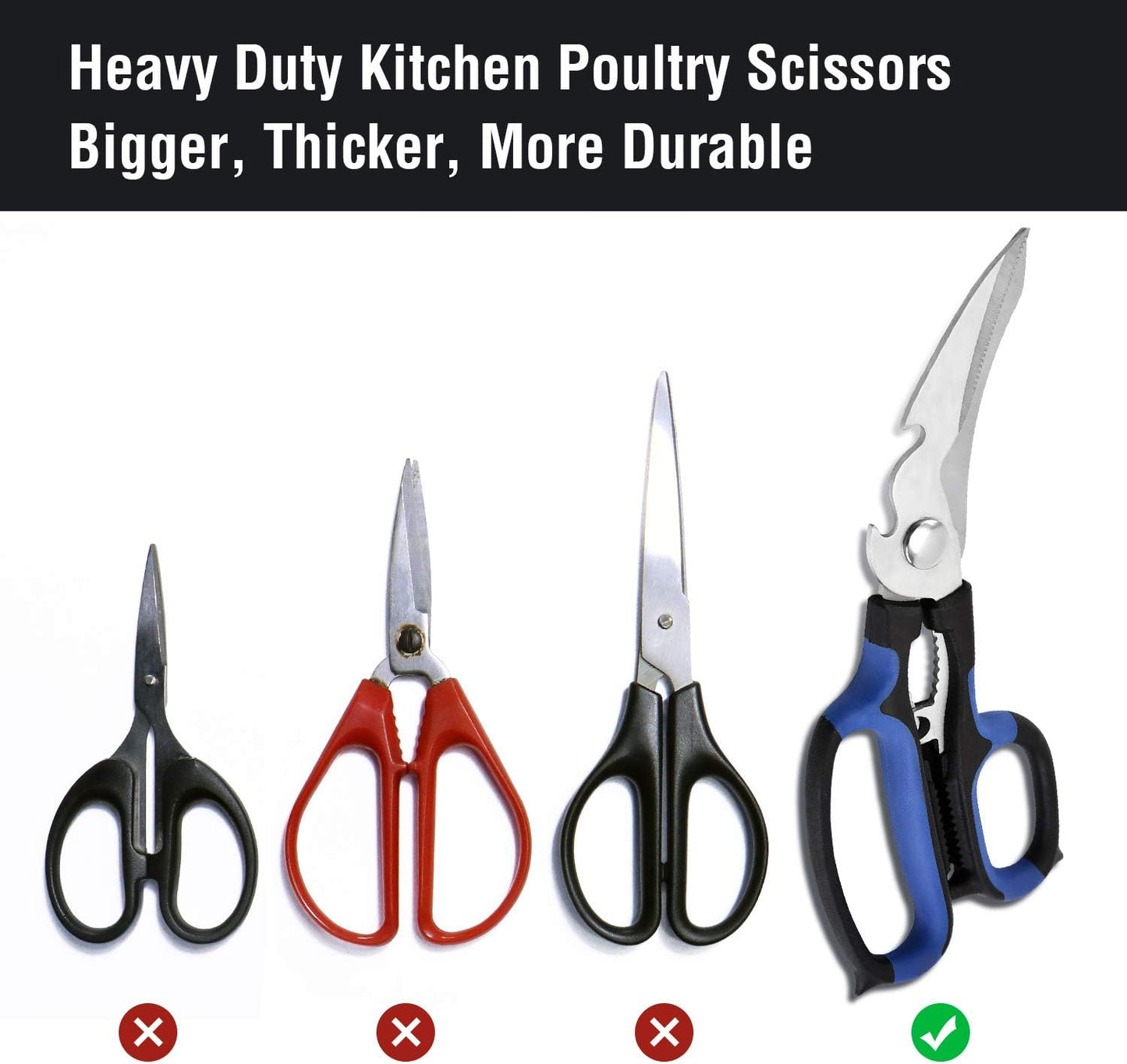 Heavy Duty Kitchen Shears with Unique Curve Blade, No Rust Cooking Knives Multi-purpose Poultry Shears, Scissors for Turkey Chicken Meat Bone Nuts Cardboard