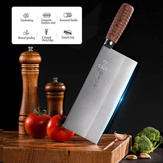8-inch Professional Cleaver - Stainless Steel Meat & Vegetable Knife with Non-stick Finish and Anti-slip Wooden Handle