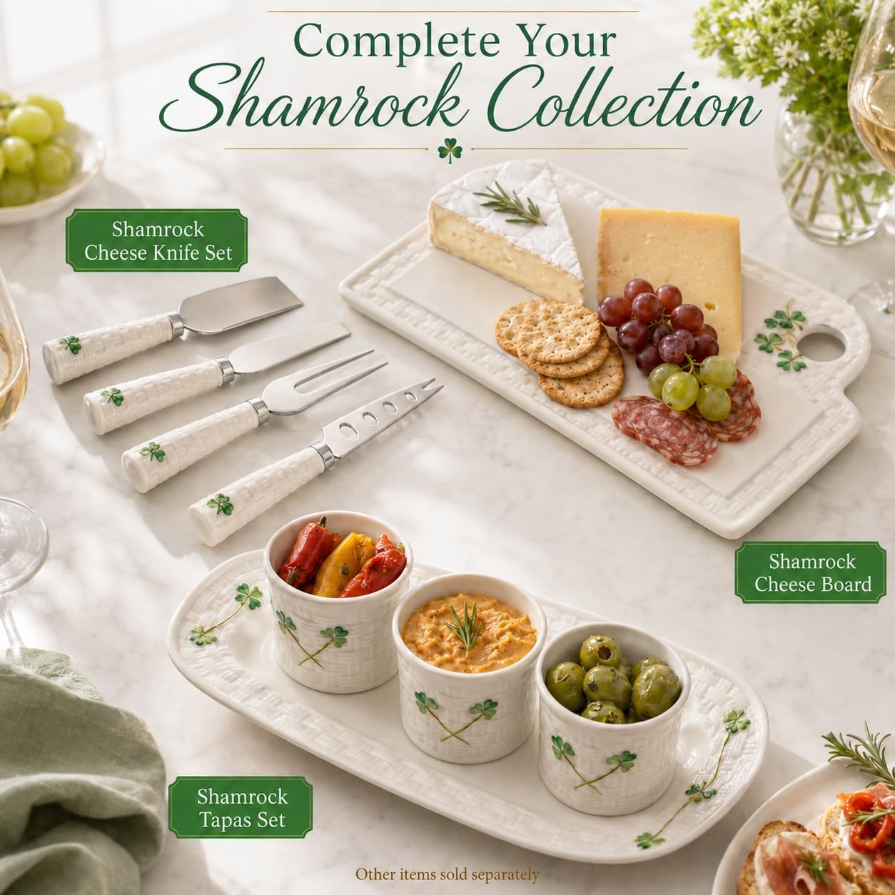 Shamrock Cheese Knives, Set of 4 | Iconic Basketweave Pattern, Parian China, Stainless Steel