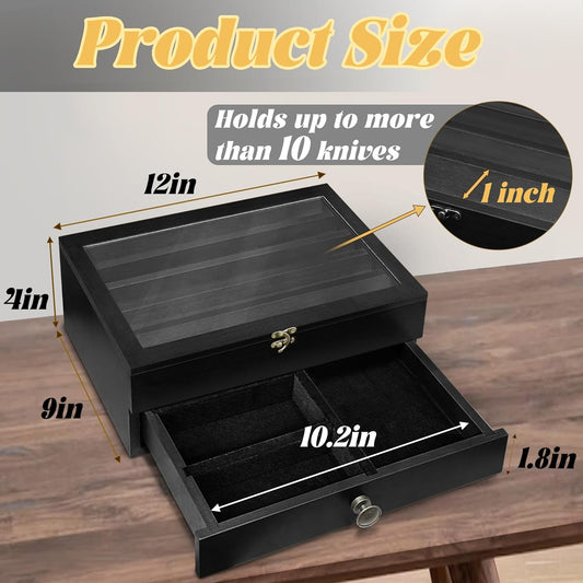 Knife Display Case Wood, 2 Tier Pocket Knife Organizer Box with Drawers Clear Acrylic Lid, Lockable Storage Collection Case for Knives, Black