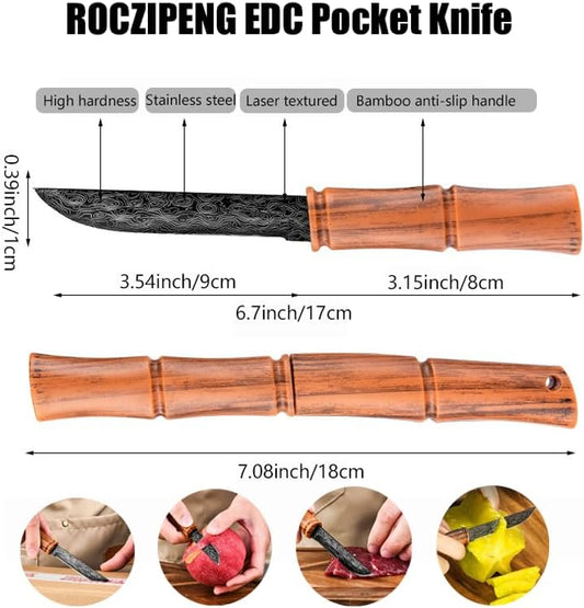 2-Piece Paring Knives with Cover, 3.54" Bamboo Shaped Portable Fruit Knives with Sheath, Tea Needle Knife with Stylish Laser Pattern Ideal,for Home/Parties/Camping