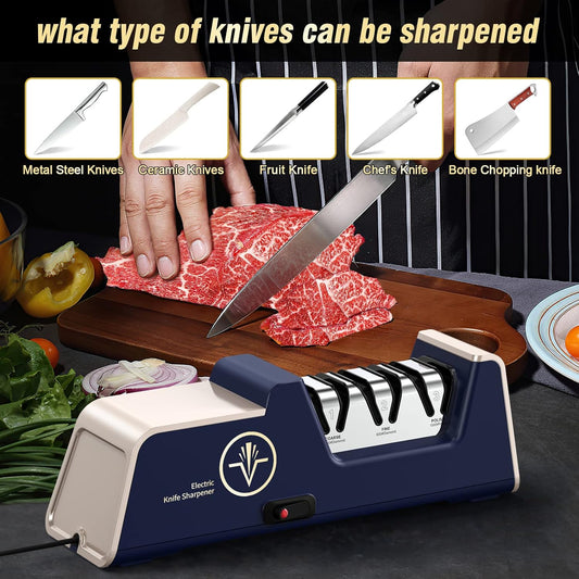 Professional Electric Knife Sharpener 3-Stage, Noble Blue & Noble Gold | 100% Diamond Abrasives, Precision Angle Guides, Kitchen Straight Edge & Ceramic Knife