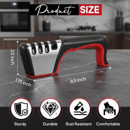 4-in-1 Knife Sharpener with Handle, Manual Kitchen Knife & Scissors Sharpener, 3-Stage Edge Tool for Steel Blades (Red)