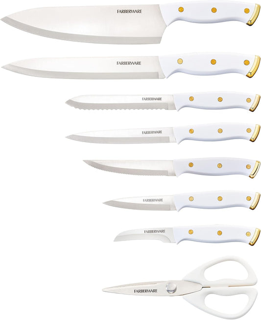 15-Piece Knife Block Set, High-Carbon Stainless Steel Kitchen Knife Set with Triple Rivet Gold Endcap Handles and Slim Wood Block, White