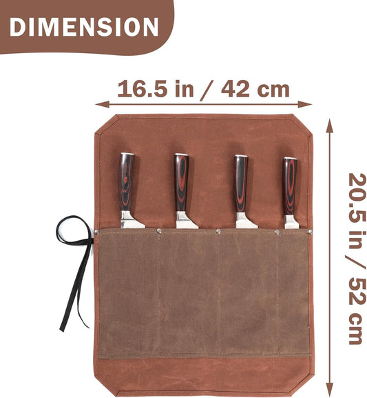 16OZ Waxed Canvas Knife Roll Bag - Heavy Duty Chef Knife Carrier with 4 Slots + Cut-Proof Protection, Stylish Two-Color Design in Brown & Grey for Chefs (20.5" x 16.5")