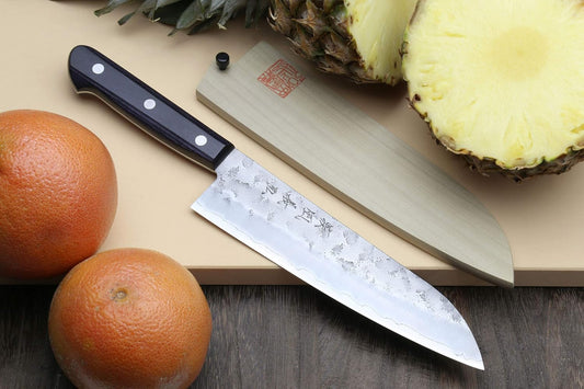 Yoshihiro Stainless Clad Nashiji Ginsan High Carbon Stain Resistant Steel Santoku Multipurpose Knife (7'' (180mm) & Saya)