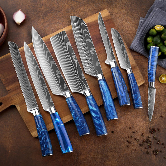 SENKEN 8-Piece Japanese Knife Set - Blue Resin Handle, Laser Damascus Blades - Chef's, Santoku, Bread & Paring Knives