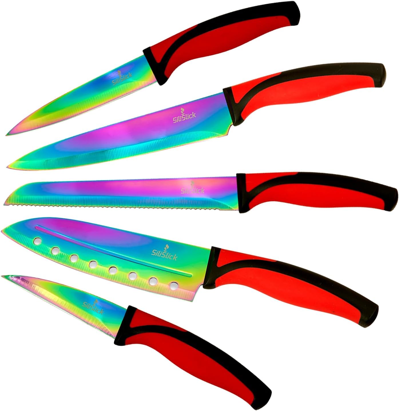 Kitchen Knife Set, Rainbow Titanium Coated Blades, High Carbon Stainless Steel, Chef, Santoku, Bread, Utility and Pairing Knives, Ergonomic Better Grip Handles